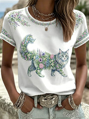 Women's Floral Cats Print Casual Tee