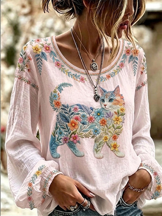 Women's Floral Cats Print Casual Long Sleeve Shirt