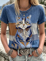 Women's Vintage Fuzzy Cat Patchwork Art Cotton Linen Crew Neck Short Sleeve Top