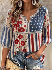 Women's Independence Day Flag & Floral Pattern Casual Top