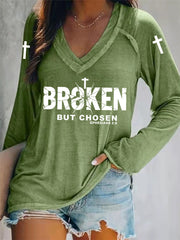 Women's Christian Cross Broken But Chosen Print V-neck Long Sleeve Tee
