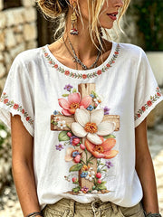 Women's Floral Christian Cross Print Tee