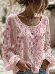 Women's Breast Cancer Pink Flowers Print Cotton-Linen Shirt