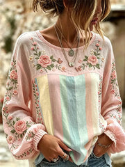 Women's Breast Cancer Pink Flowers Print Cotton-Linen Shirt