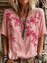 Women's Breast Cancer Pink Flowers Print Casual T-Shirt