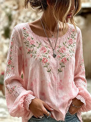 Women's Breast Cancer Pink Flowers Print Cotton-Linen Shirt