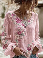 Women's Breast Cancer Pink Flowers Print Cotton-Linen Shirt
