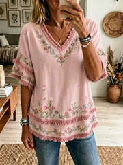Women's floral print Cotton-Linen Shirt