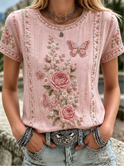 Women's floral print linen short-sleeved T-shirt