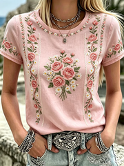 Women's floral print linen short-sleeved T-shirt