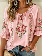 Women's floral print linen T-shirt