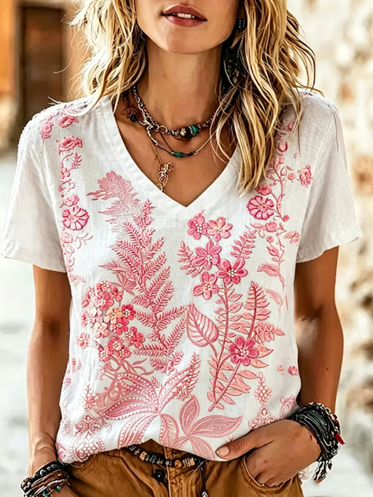 Women's floral print linen short-sleeved T-shirt