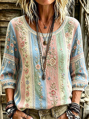 Women's Vintage Boho Floral Patchwork Art Print Puff Sleeve Linen Tunic