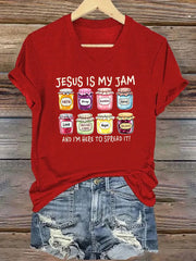 Women's Christian Jesus Is My Jam And I'm Here To Spread It Print Casual V-Neck Tee