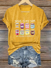 Women's Christian Jesus Is My Jam And I'm Here To Spread It Print Casual V-Neck Tee