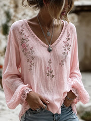 Women's Breast Cancer Pink Flowers Print Cotton-Linen Shirt