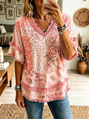 Women's pink floral print Cotton-Linen Shirt