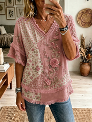 Women's pink floral print Cotton-Linen Shirt