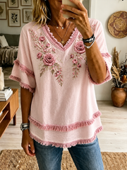 Women's pink floral print Cotton-Linen Shirt