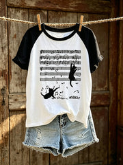 Women's cute cat pattern color-blocked design casual short-sleeve T-shirt