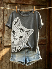 Women's cute cat pattern color-blocked design casual short-sleeve T-shirt
