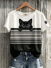 Women's Peeking Black Cat & Paw Print Colorblock Print short-sleeved T-shirt