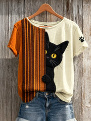 Women's Peeking Black Cat & Paw Print Colorblock Print short-sleeved T-shirt