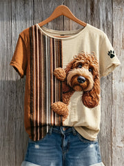 Women's Peeking Poodle Dog & Paw Print Colorblock Print short-sleeved T-shirt