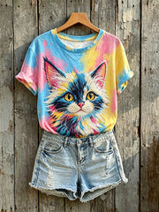 Women's Colorful Cat Art Print Short-sleeved T-shirt
