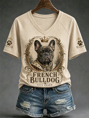 Women's Retro Dog Print Casual V-Neck Tee