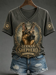 Women's Retro Dog Print Casual V-Neck Tee