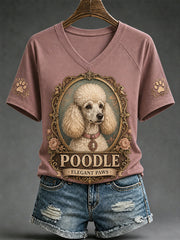Women's Retro Dog Print Casual V-Neck Tee