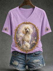 Women's Retro Dog Print Casual V-Neck Tee
