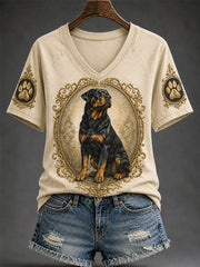 Women's Retro Dog Print Casual V-Neck Tee
