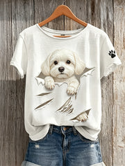 Women's Peeking Maltese Dog from Torn Crack Print short-sleeved T-shirt