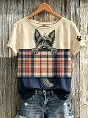Women's Peeking Scottish Terrier Dog Scotland Plaid Colorblock Print short-sleeved T-shirt