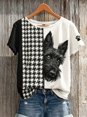 Women's Peeking Scottish Terrier Dog Houndstooth Colorblock Print short-sleeved T-shirt
