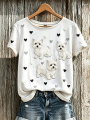 Women's Fuzzy White Scottish Terrier Dogs & Hearts Pattern Print short-sleeved T-shirt