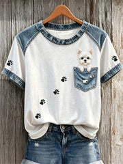 Women's Lovely Maltese Dog Fake Pocket & Paw Prints Denim Patchwork Print T-shirts