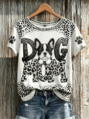 Women's Peeking Bulldog Dog Mom & Paw Prints Leopard Print short-sleeved T-shirt