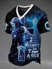 Men's I Can't But The King Of The Cosmos Can Christian Printed V-neck T-shirt