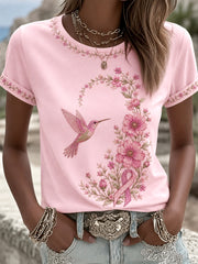 Women's Pink Floral & Hummingbird Print Breast Cancer Awareness Support Tee