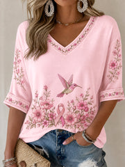 Women's Pink Floral & Hummingbird Print Breast Cancer Awareness Support Half-Sleeves V-Neck T-Shirt
