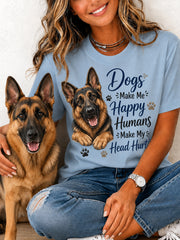 Women's Funny Dogs Make Me Happy Humans Make My Head Hurt Print Gift For Pet Lovers Casual Tee