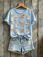 Women's Cute Golden Retriever Art Pattern Print Short-sleeved T-shirt