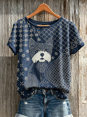 Women's YorkshireTerrier Dog Japanese Sashiko Art Print linen short-sleeved T-shirt