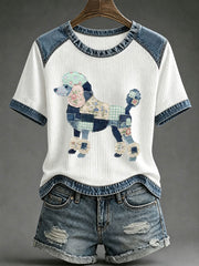 Women's Floral Plaid Denim Dog Art Waffle Print Casual T-Shirt