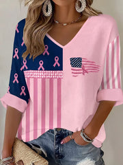 Women's Pink Ribbon & Flag Print Breast Cancer Awareness Support Waffle T-shirt