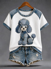 Women's Denim Patchwork Dog Print Waffle Casual Tee