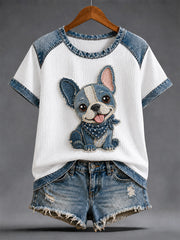 Women's Denim Patchwork Dog Print Waffle Casual Tee